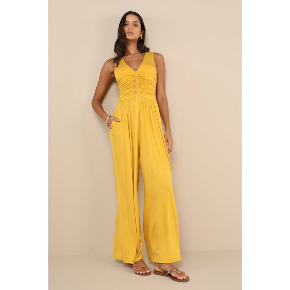 Lulus Breezy Fascination Mustard Yellow Ruched Cutout Jumpsuit - Size XL